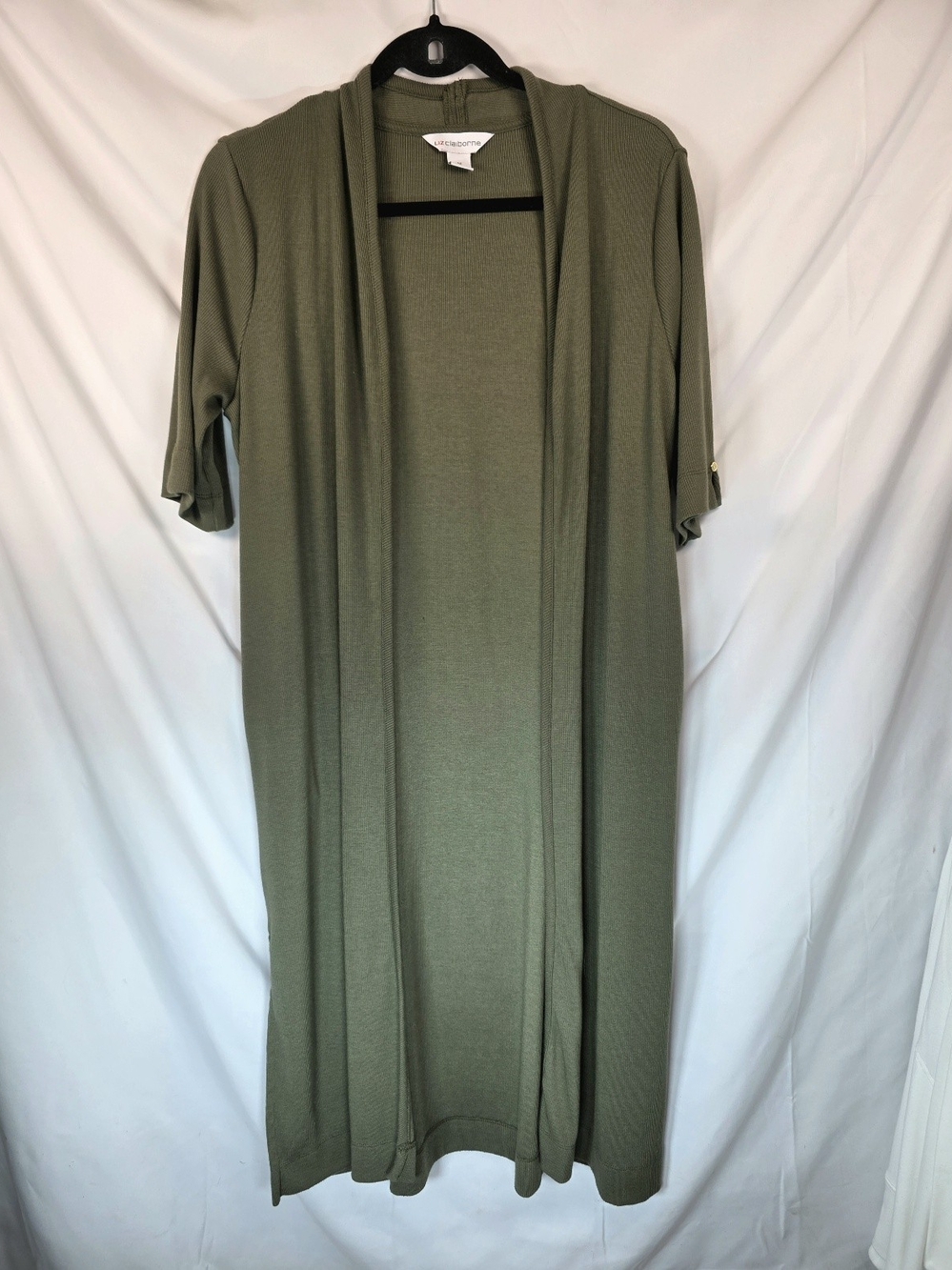 Liz Claiborne Duster Cardigan Sz M Olive Green Ribbed Short Sleeve Boho Earthy